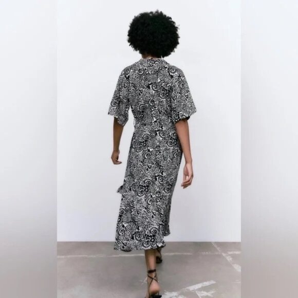 Zara Black White Shirt Midi Belted Dress size S - Picture 2 of 8